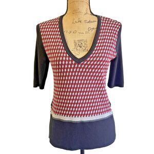 Carlisle New York Black Red Silk/Cotton Blend V-Neck Short Sleeve Sweater Sz M